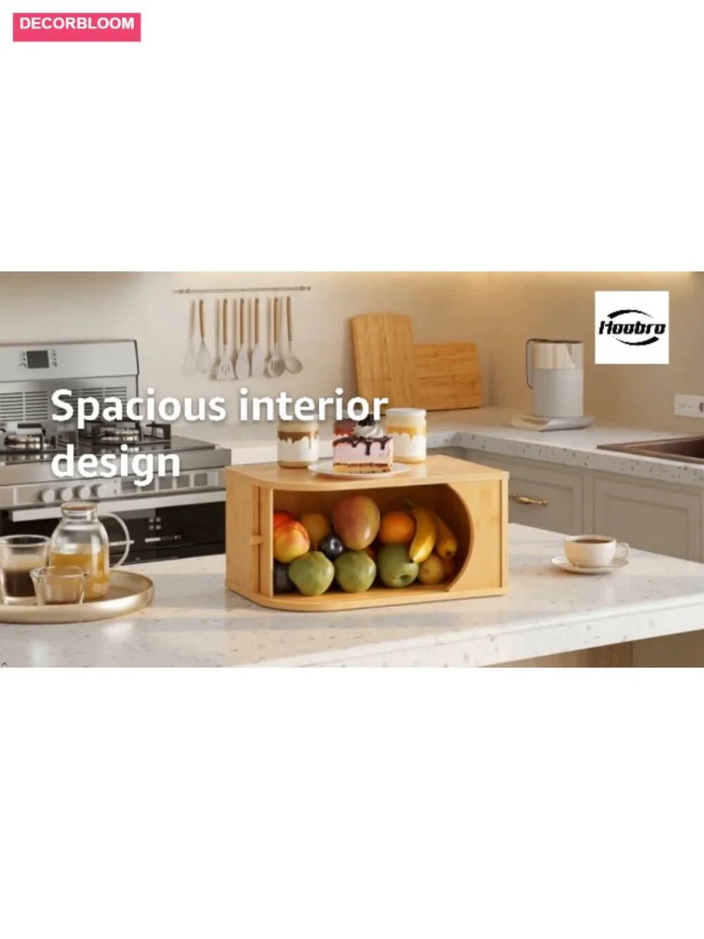 Natural Bamboo Bread Box with Roller Door for Kitchen Countertop